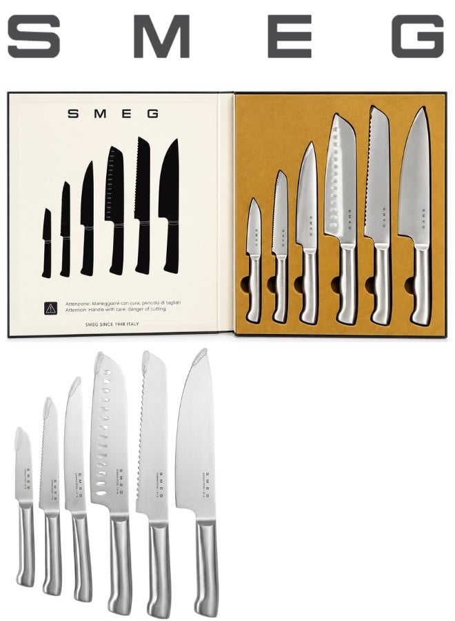 سميج طقم سكاكين مطبخ SMEG مكون من 6 قطع من German Steel 1.4116 – مجموعة سكاكين ستانلس ستيل تشمل سكين خضروات 8 سم وسكين Utility متعددة الاستخدامات 13 سم وسكين لحوم 15 سم وسكين Santoku ‏18 سم وسكين خبز مسننة 19 سم وسكين شيف 19 سم للتقطيع والفرم والشرائح وتحضير اللحوم والدجاج والخضروات والفواكه والخبز والوجبات اليومية - Image 1