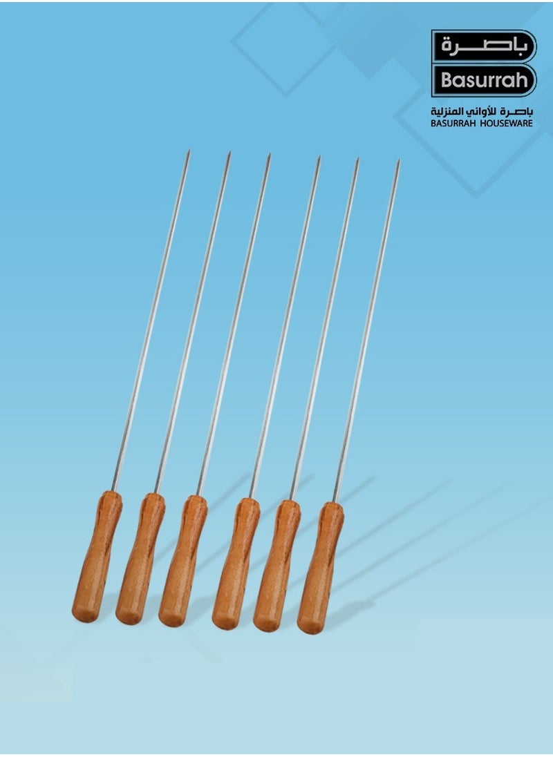 BASURRAH 6pcs Stainless Steel Kebab Skewers with Wooden Handle and Reusable BBQ Needle  - Image 1