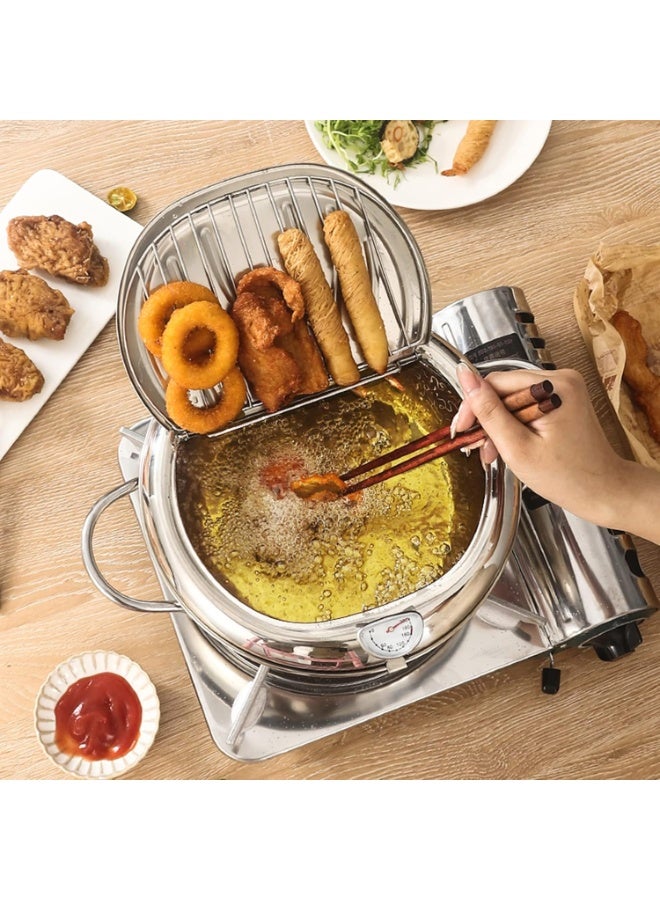 مقلاة عميقة صغيرة من الفولاذ المقاوم للصدأ مع مقياس حرارة وغطاء ورف لتصريف الزيت للبطاطس المقلية وأجنحة الدجاج وجميع أنواع البطاطس المقلية (24 سم/9.4 بوصة) - Image 4
