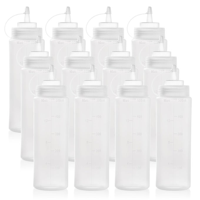 12 PACK 16 OZ WIDE MOUTH PLASTIC SQUEEZE CONDIMENT BOTTLES WITH TWIST ON CAP LIDS AND DISCRETE MEASUREMENTS EMPTY SQUIRT BOTTLE FOR SAUCE KETCHUP PAINT