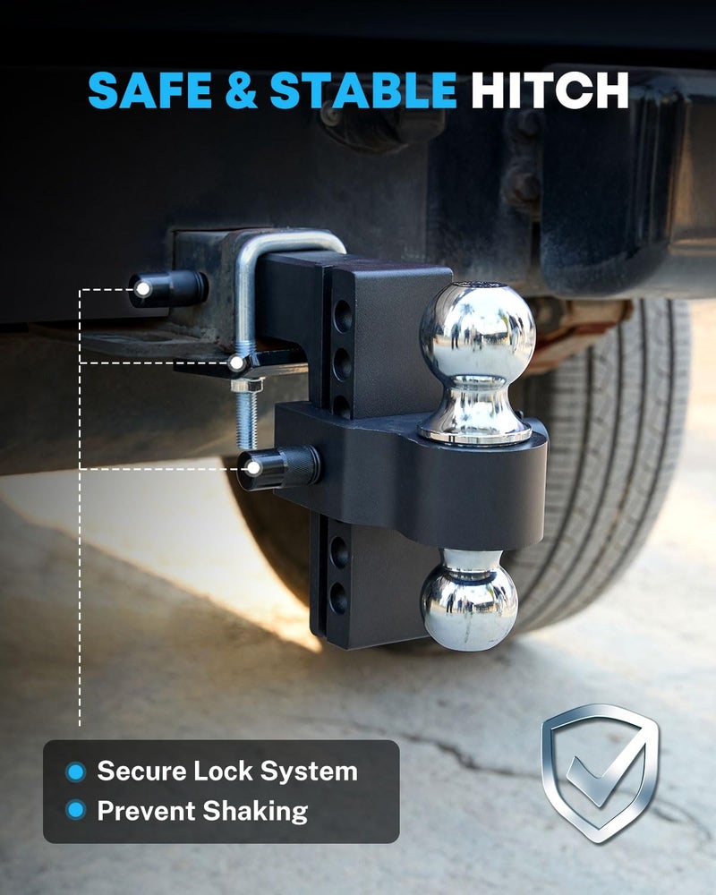 Kohree 2-in-1 Adjustable Trailer Hitch for 2-Inch Receiver, 6" Heavy Duty Aluminum Hitch Kit with 2 Balls (2-5/16" & 2"), 12,500 lbs GTW, Black Anti-Rattle Lock & Security Pins, Fits Trucks, SUV, RVs - Image 3