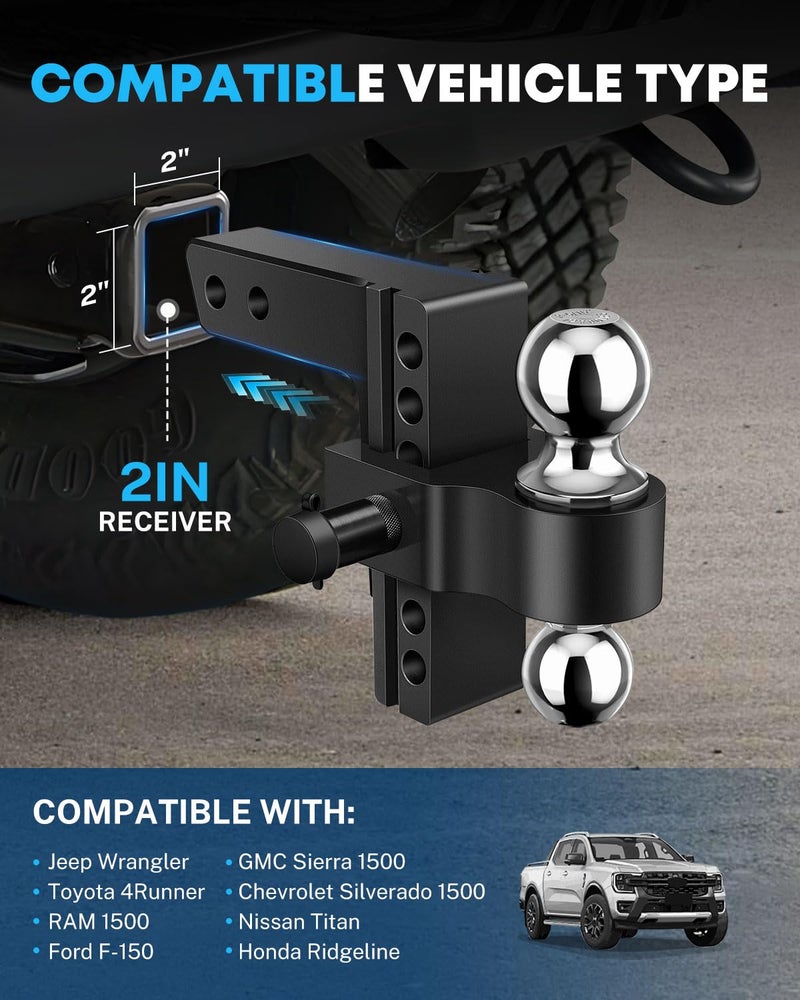 Kohree 2-in-1 Adjustable Trailer Hitch for 2-Inch Receiver, 6" Heavy Duty Aluminum Hitch Kit with 2 Balls (2-5/16" & 2"), 12,500 lbs GTW, Black Anti-Rattle Lock & Security Pins, Fits Trucks, SUV, RVs - Image 4