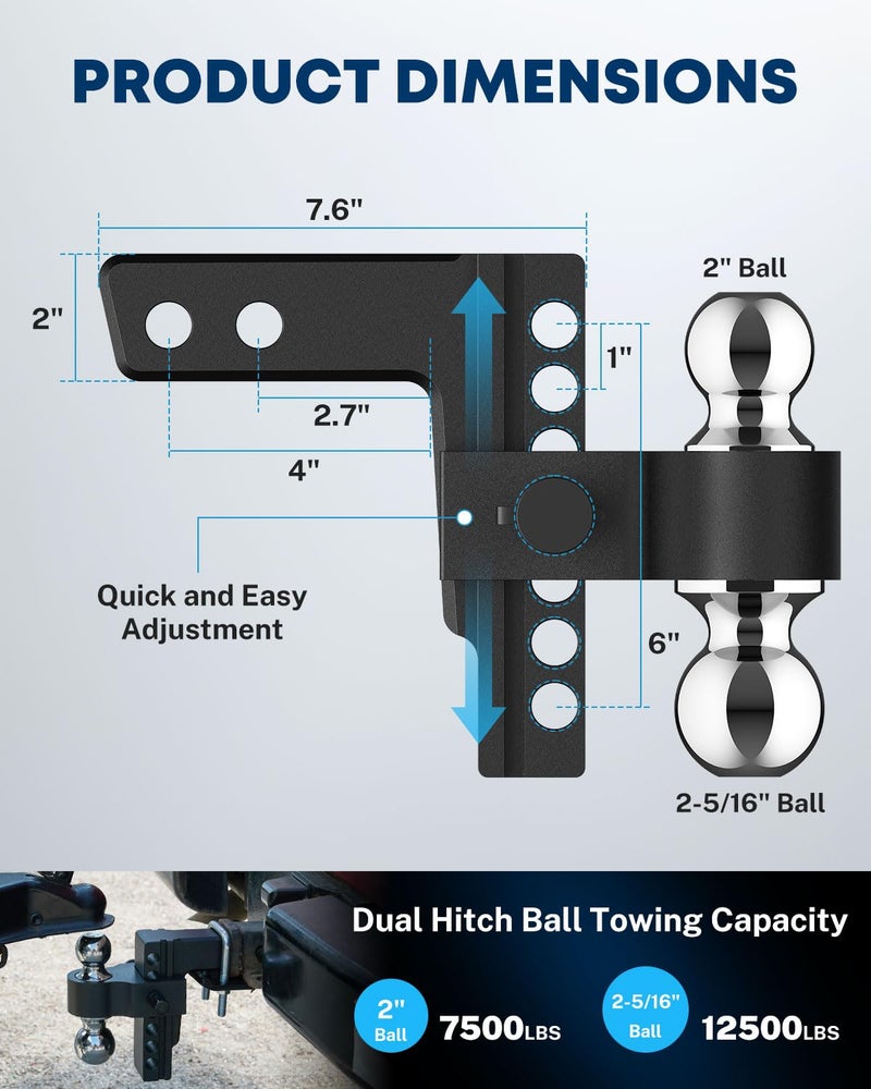 Kohree 2-in-1 Adjustable Trailer Hitch for 2-Inch Receiver, 6" Heavy Duty Aluminum Hitch Kit with 2 Balls (2-5/16" & 2"), 12,500 lbs GTW, Black Anti-Rattle Lock & Security Pins, Fits Trucks, SUV, RVs - Image 2