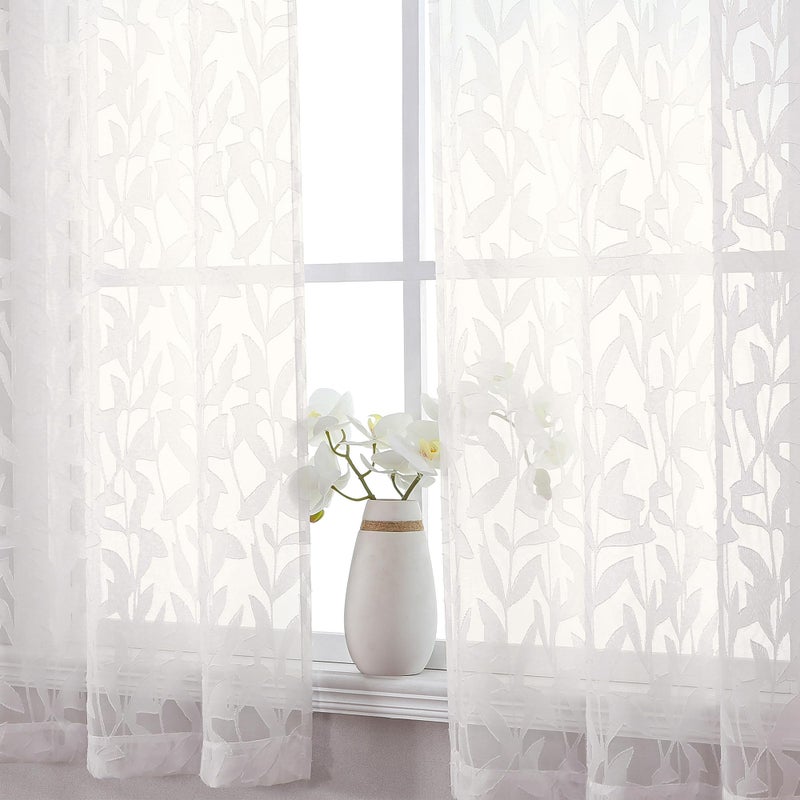 OWENIE Leyna Ivory Sheer Curtain 54 Inch Length 2 Panels Set, Soft Airy Clip Jacquard Light Filtering Curtains for Bedroom Living Room, Elegant Leaf Textured Window Drapes, 40Wx54L Inches - Image 1
