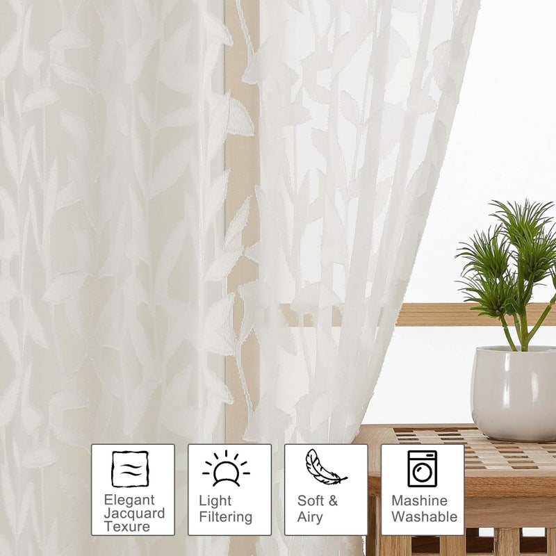 OWENIE Leyna Ivory Sheer Curtain 54 Inch Length 2 Panels Set, Soft Airy Clip Jacquard Light Filtering Curtains for Bedroom Living Room, Elegant Leaf Textured Window Drapes, 40Wx54L Inches - Image 2