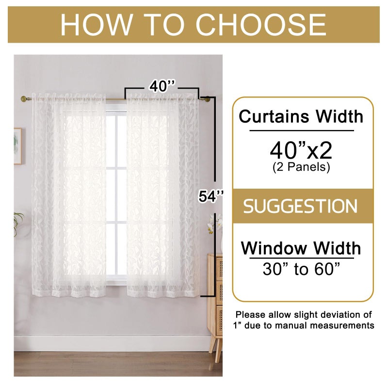OWENIE Leyna Ivory Sheer Curtain 54 Inch Length 2 Panels Set, Soft Airy Clip Jacquard Light Filtering Curtains for Bedroom Living Room, Elegant Leaf Textured Window Drapes, 40Wx54L Inches - Image 3