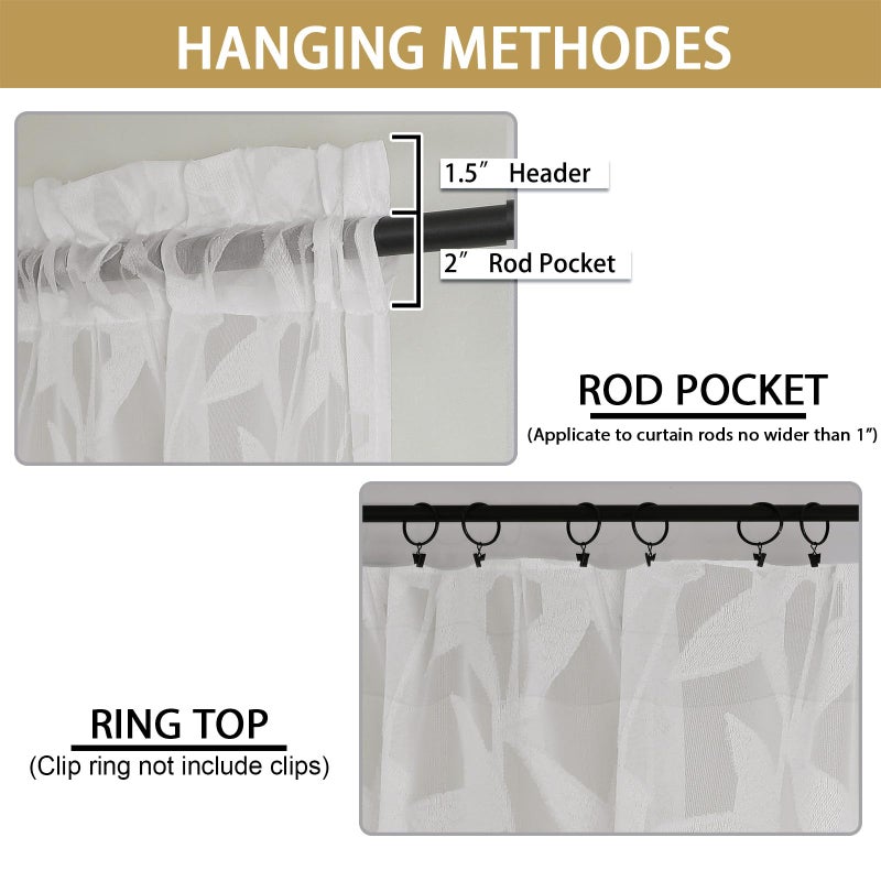 OWENIE Leyna Ivory Sheer Curtain 54 Inch Length 2 Panels Set, Soft Airy Clip Jacquard Light Filtering Curtains for Bedroom Living Room, Elegant Leaf Textured Window Drapes, 40Wx54L Inches - Image 4
