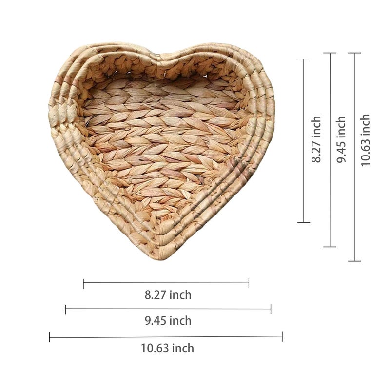 Xinally Set of 3 Natural Water Hyacinth Storage Baskets,Heart Shaped Hand Woven Baskets for Storage,Small Storage Basket for Storing Vegetables, Cosmetics, or Other Essential items - Image 2
