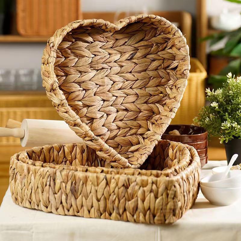 Xinally Set of 3 Natural Water Hyacinth Storage Baskets,Heart Shaped Hand Woven Baskets for Storage,Small Storage Basket for Storing Vegetables, Cosmetics, or Other Essential items - Image 3