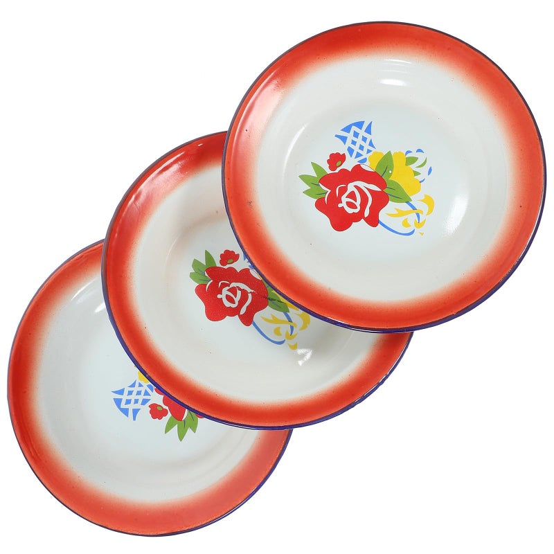 3Pcs Retro 20Cm Round Enamel Plates Vintage Floral Pattern Side Dishes Set For Home Dining - Image 2
