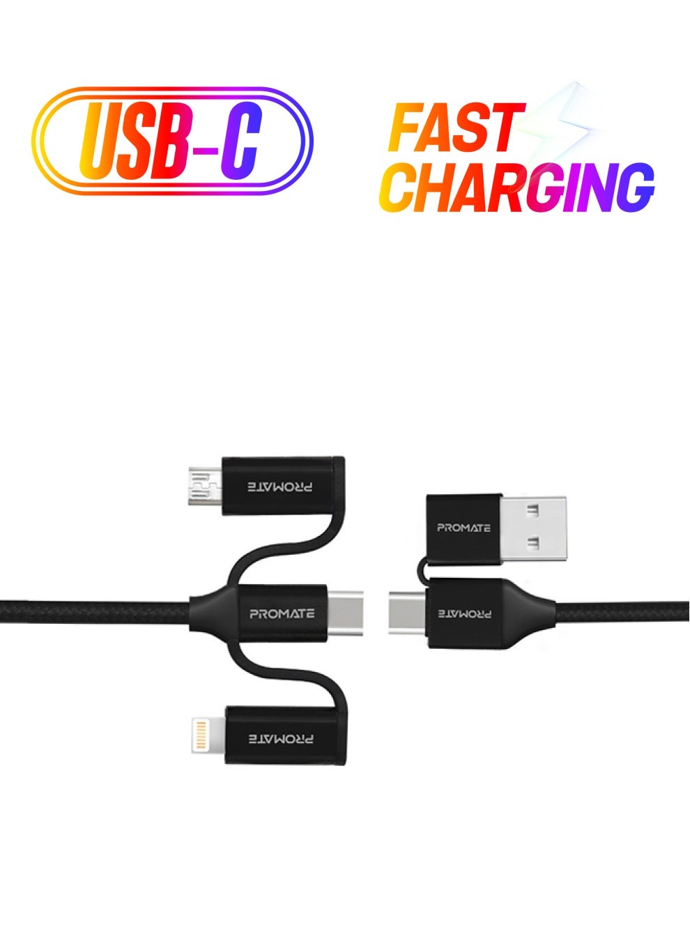 PROMATE 6-In-1 Multi Charging,Cable,Premium Hybrid 20V 3A, USB-C, Micro USB Connectors to USB-A,USB-C Fast Sync Charging Cable Data Cord with 60W Type-C to Type-C Power Delivery, PentaPower (Black) Black
