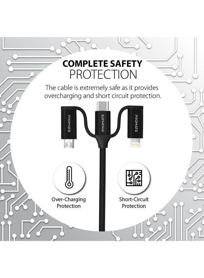 بروميت 6 في 1 شحن متعدد ، كابل ، بريميوم هايبرد 20 فولت 3 أمبير ، USB-C ، موصلات Micro USB إلى USB-A ، سلك بيانات كابل شحن سريع المزامنة USB-C مع توصيل طاقة من النوع C إلى النوع C بقوة 60 واط ، PentaPower (أسود) أسود - Image 2