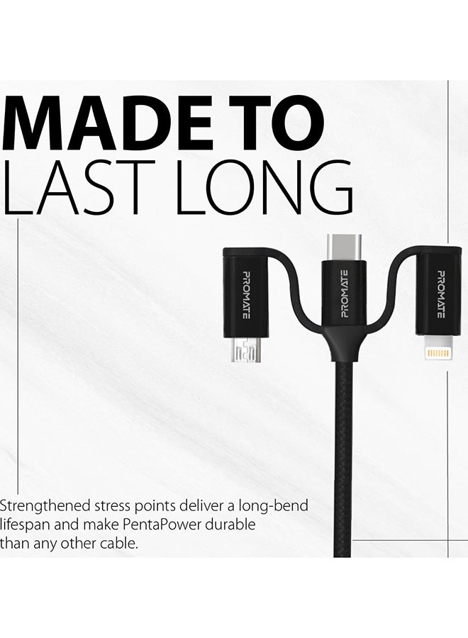 بروميت 6 في 1 شحن متعدد ، كابل ، بريميوم هايبرد 20 فولت 3 أمبير ، USB-C ، موصلات Micro USB إلى USB-A ، سلك بيانات كابل شحن سريع المزامنة USB-C مع توصيل طاقة من النوع C إلى النوع C بقوة 60 واط ، PentaPower (أسود) أسود - Image 3