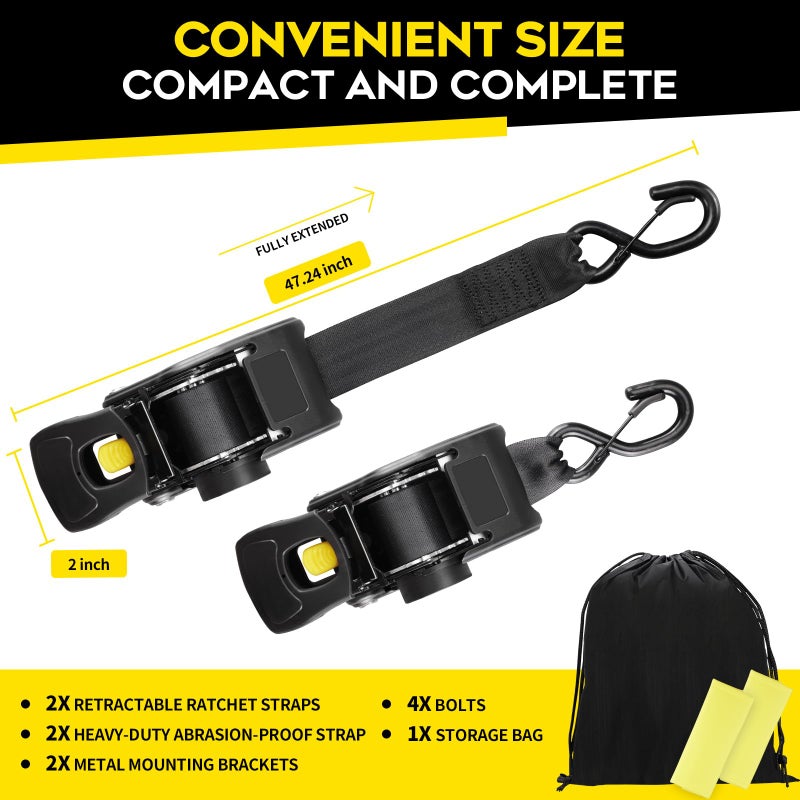 Hifybaty 2PCS Retractable Ratchet Straps - Heavy Duty Transom Tie Downs 2in x 4ft Ratchet Straps for Boat Trailer - Extra Mounting Brackets & Bolt Set, Boat Accessories, Break Strength 2200LBS/998KG - Image 4