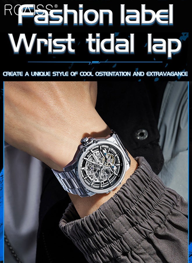 رويس ساعة يد رجالية أوتوماتيكية ميكانيكية بسوار من الفولاذ المقاوم للصدأ وشاشة تناظرية ومينا دائري، ساعة يد أنيقة مقاومة للماء ومضيئة كهدية للرجال - Image 2