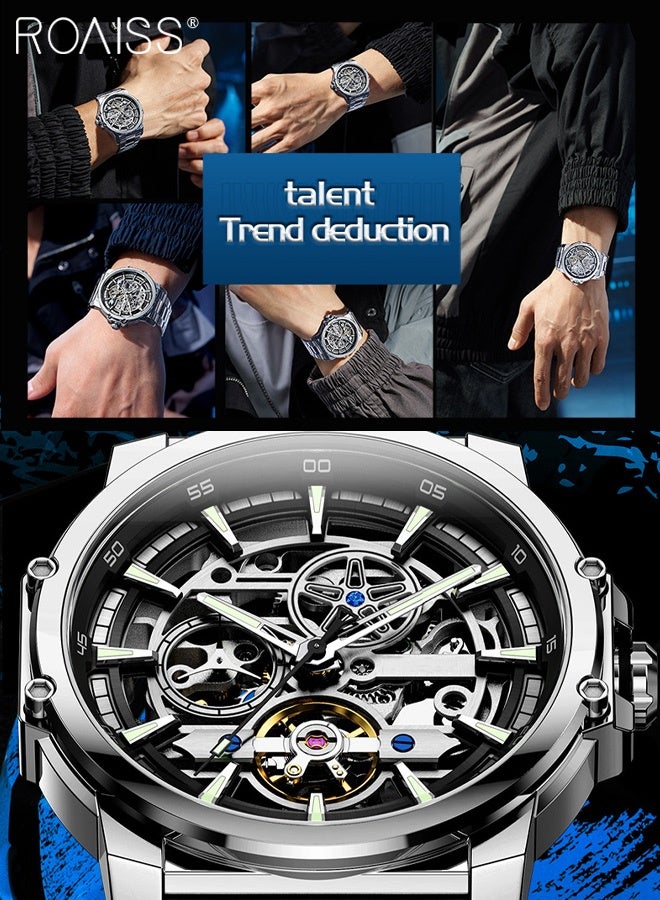 رويس ساعة يد رجالية أوتوماتيكية ميكانيكية بسوار من الفولاذ المقاوم للصدأ وشاشة تناظرية ومينا دائري، ساعة يد أنيقة مقاومة للماء ومضيئة كهدية للرجال - Image 4