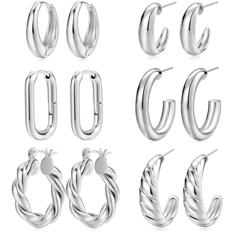 17mile Hoop Earrings Set for Women, 6 Pairs 14K Silver Plated Lightweight Hypoallergenic Chunky Open Twisted Hoops Earrings Pack Jewelry - Image 1