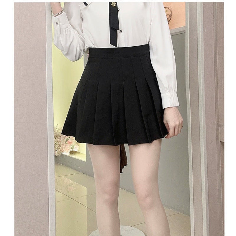 Khaki Pleated Skirt Womens Autum Age-Reducing Preppy Skirt High-Waisted A-Line Spring and Summer Suit Petite Short Culottes Black [extended about 42cm]