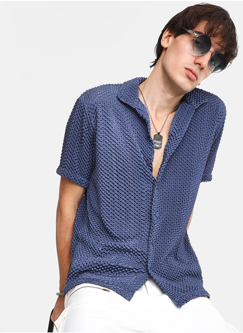 كامبوس سوترا Men's Lapis Blue Puffy-Textured Shirt