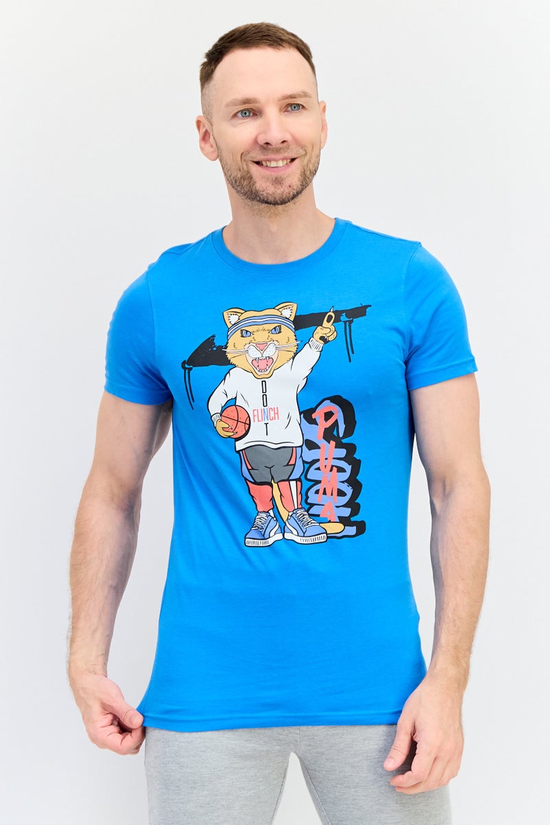 PUMA تي شيرت رجالي بقصة ضيقة بأكمام قصيرة، أزرق - Image 1