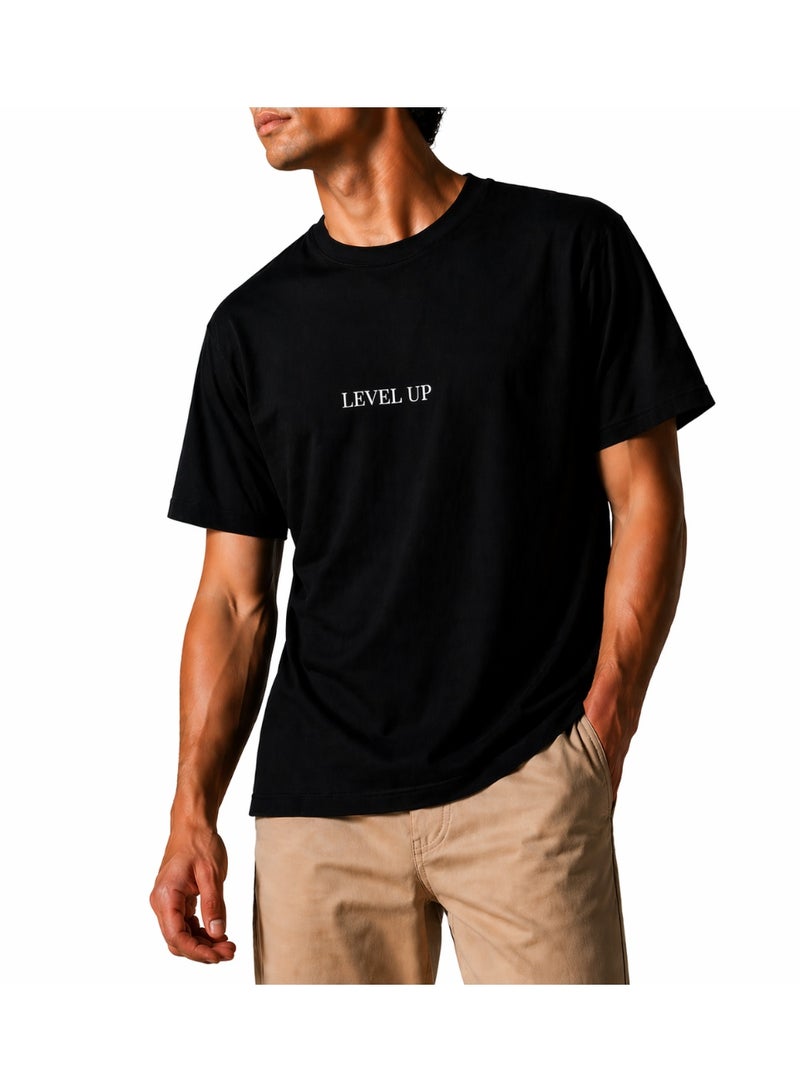 Relax Fit Cotton T-shirt with "Level up" Logo Print - Black - Image 1