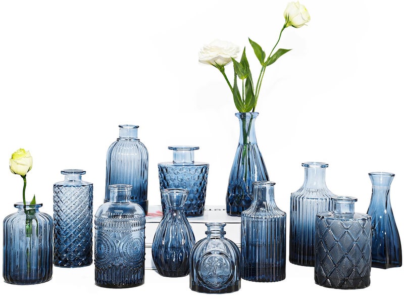 TBWIND 12Pcs Blue Glass Bud Vases Set, Small Vases for Flowers, Perfect for Centerpieces at Parties, Baby Showers, Weddings, Events, Graduation Season, Great Gifts for Office & Home DÃ©cor - Image 1