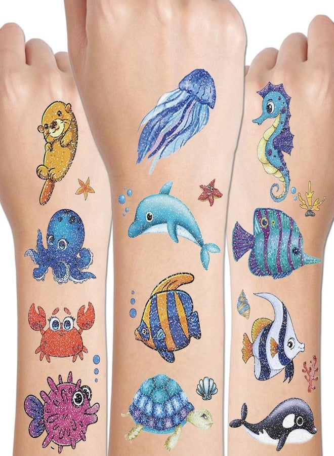 CHARLENT 120 Glitter Styles Under the Sea Creature Temporary Tattoos for Kids Party Supplies - Sea Creature Tattoos for Boys Girls Ocean Birthday Party Favors Goodie Bag Fillers - Image 1