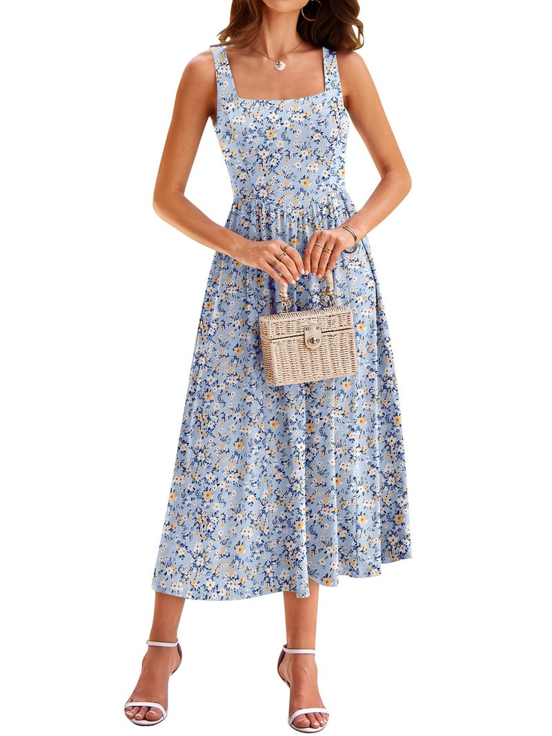 YATHON Blue Floral Dress Women Wedding Guest Petite Midi Cocktail Garden Party Sundress with Pockets Formal (YT638-Blue White F 08,M) - Image 1