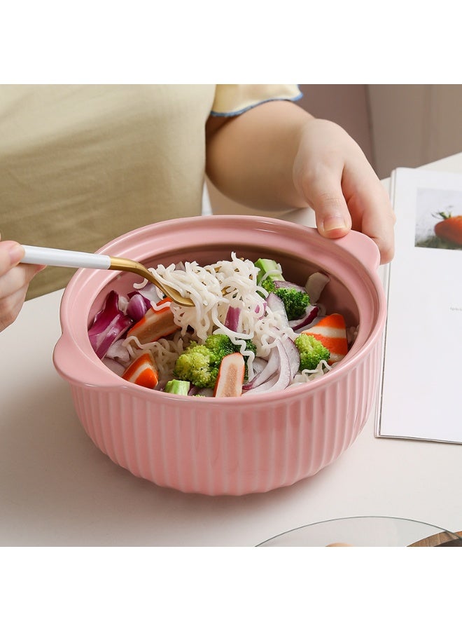 وعاء شوربة سيراميك بغطاء ومقبضين جانبيين سعة 1 لتر، طبق شوربة ونودلز عميق حراري للمطبخ، وعاء تقديم حراري مقاوم للحرارة للاستخدام في الميكروويف وغسالة الصحون، صحن تقديم بورسلين فاخر 19.5×16.5×7.5 سم لتقديم الشوربة والمكرونة واليخنات والأرز والسلطات والأطعمة الساخنة والباردة، وعاء تقديم أنيق للمطبخ العصري وللاستخدام اليومي في المنزل والمطاعم - Image 2