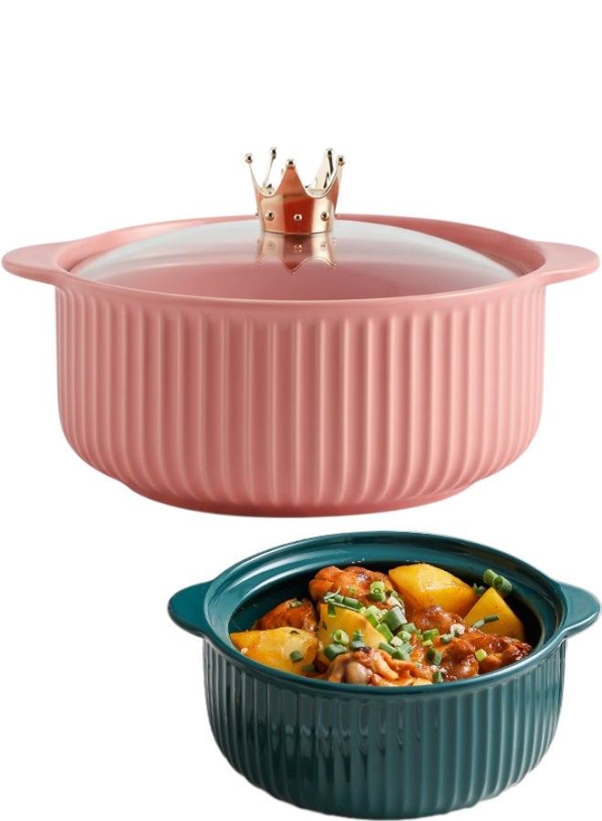 وعاء شوربة سيراميك بغطاء ومقبضين جانبيين سعة 1 لتر، طبق شوربة ونودلز عميق حراري للمطبخ، وعاء تقديم حراري مقاوم للحرارة للاستخدام في الميكروويف وغسالة الصحون، صحن تقديم بورسلين فاخر 19.5×16.5×7.5 سم لتقديم الشوربة والمكرونة واليخنات والأرز والسلطات والأطعمة الساخنة والباردة، وعاء تقديم أنيق للمطبخ العصري وللاستخدام اليومي في المنزل والمطاعم - Image 1