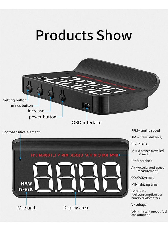 Sthxyfaith - Car Portable Speed Monitor, M5 Head Up Display Car Universal HUD with OBD Cable, Speedometer Engine RPM Water Temperature Overspeed Warning Mileage All in One, Suitable for Most Vehicles After 2008 - Image 1