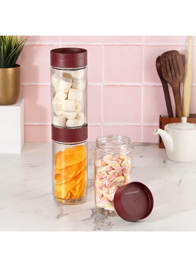 Cello Modustack Glassy Storage Jar, 1000ml (Set of 3), Maroon - Image 1
