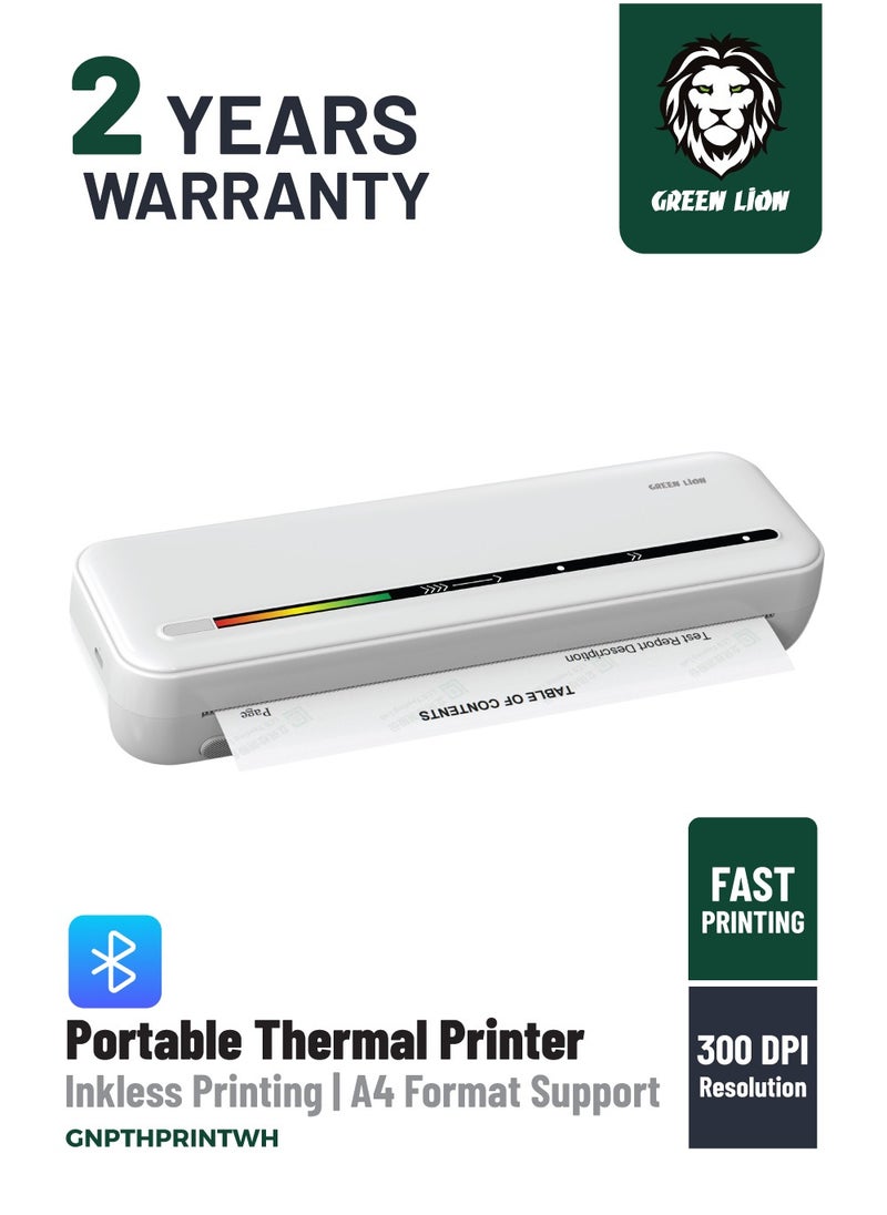 GREEN LION Portable Thermal Printer with 300 DPI Resolution / Inkless Printing / A4 Format Support / Fast Printing / Bluetooth Thermal Printer - White  - Image 1