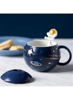 Astronaut Cup Space Embossed Planet Mug, Cute Ceramic Coffee Mug, Novelty Mug with Lid and Spoon for Coffee, Tea, Milk, Aesthetic Room Decor Funny Gift Birthday for Girl Boy Women (Dark blue)
