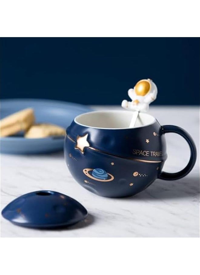 HOOKOR - Astronaut Cup Space Embossed Planet Mug, Cute Ceramic Coffee Mug, Novelty Mug with Lid and Spoon for Coffee, Tea, Milk, Aesthetic Room Decor Funny Gift Birthday for Girl Boy Women (Dark blue) - Image 1