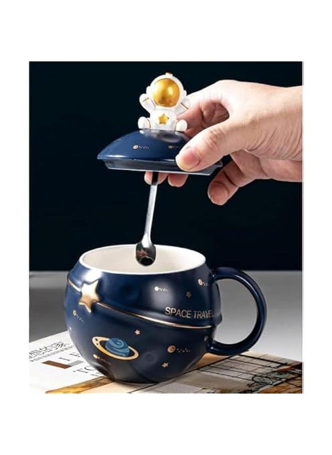 HOOKOR - Astronaut Cup Space Embossed Planet Mug, Cute Ceramic Coffee Mug, Novelty Mug with Lid and Spoon for Coffee, Tea, Milk, Aesthetic Room Decor Funny Gift Birthday for Girl Boy Women (Dark blue) - Image 1