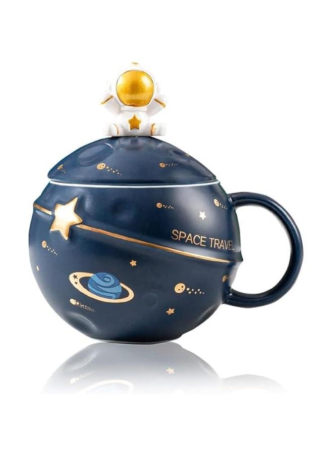 HOOKOR - Astronaut Cup Space Embossed Planet Mug, Cute Ceramic Coffee Mug, Novelty Mug with Lid and Spoon for Coffee, Tea, Milk, Aesthetic Room Decor Funny Gift Birthday for Girl Boy Women (Dark blue) - Image 1