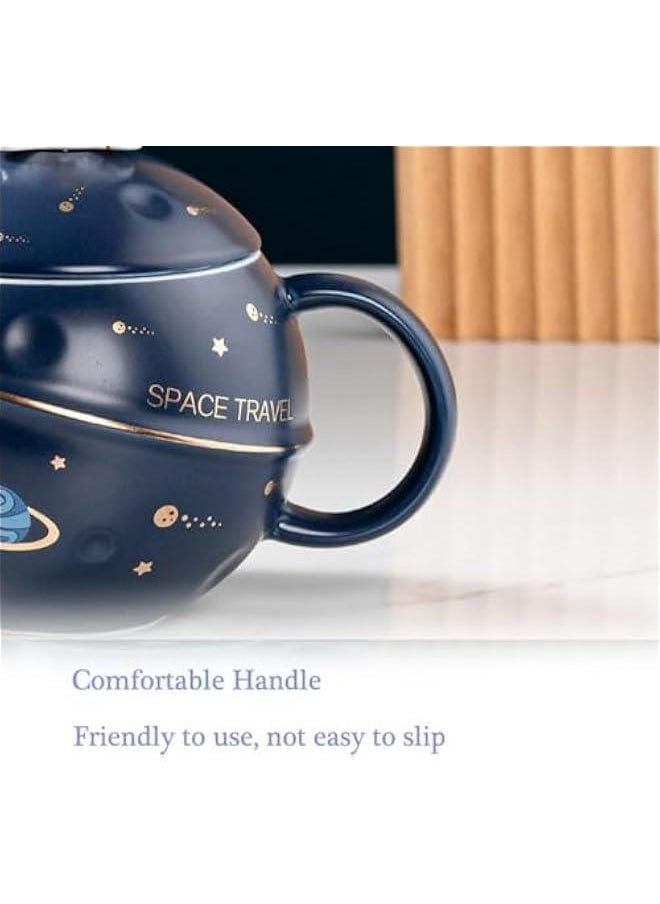 HOOKOR - Astronaut Cup Space Embossed Planet Mug, Cute Ceramic Coffee Mug, Novelty Mug with Lid and Spoon for Coffee, Tea, Milk, Aesthetic Room Decor Funny Gift Birthday for Girl Boy Women (Dark blue) - Image 1