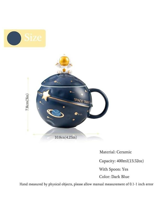 HOOKOR - Astronaut Cup Space Embossed Planet Mug, Cute Ceramic Coffee Mug, Novelty Mug with Lid and Spoon for Coffee, Tea, Milk, Aesthetic Room Decor Funny Gift Birthday for Girl Boy Women (Dark blue) - Image 1