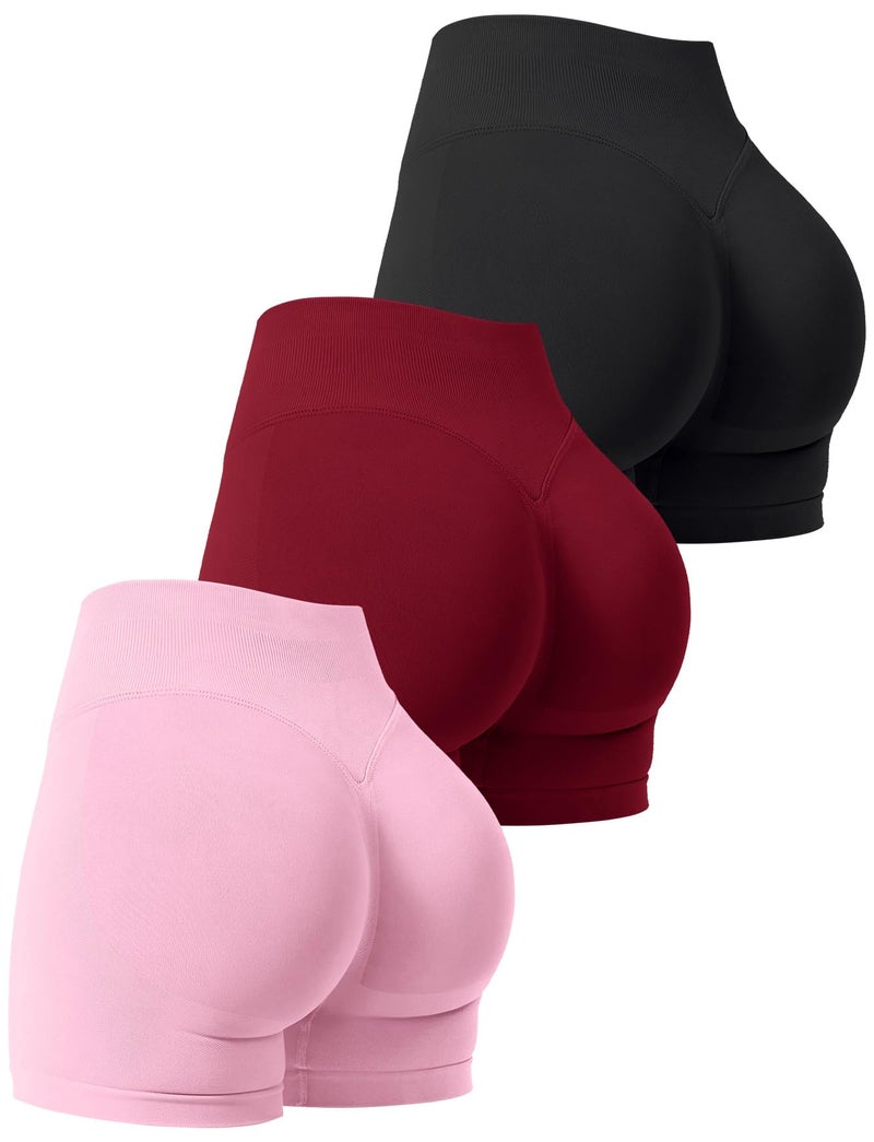 Niipty 3 Pack Workout Gym Shorts Women Scrunch Butt Lifting Seamless High Waist Yoga Booty Shorts for Women - Black+Red+Pink S - Image 1