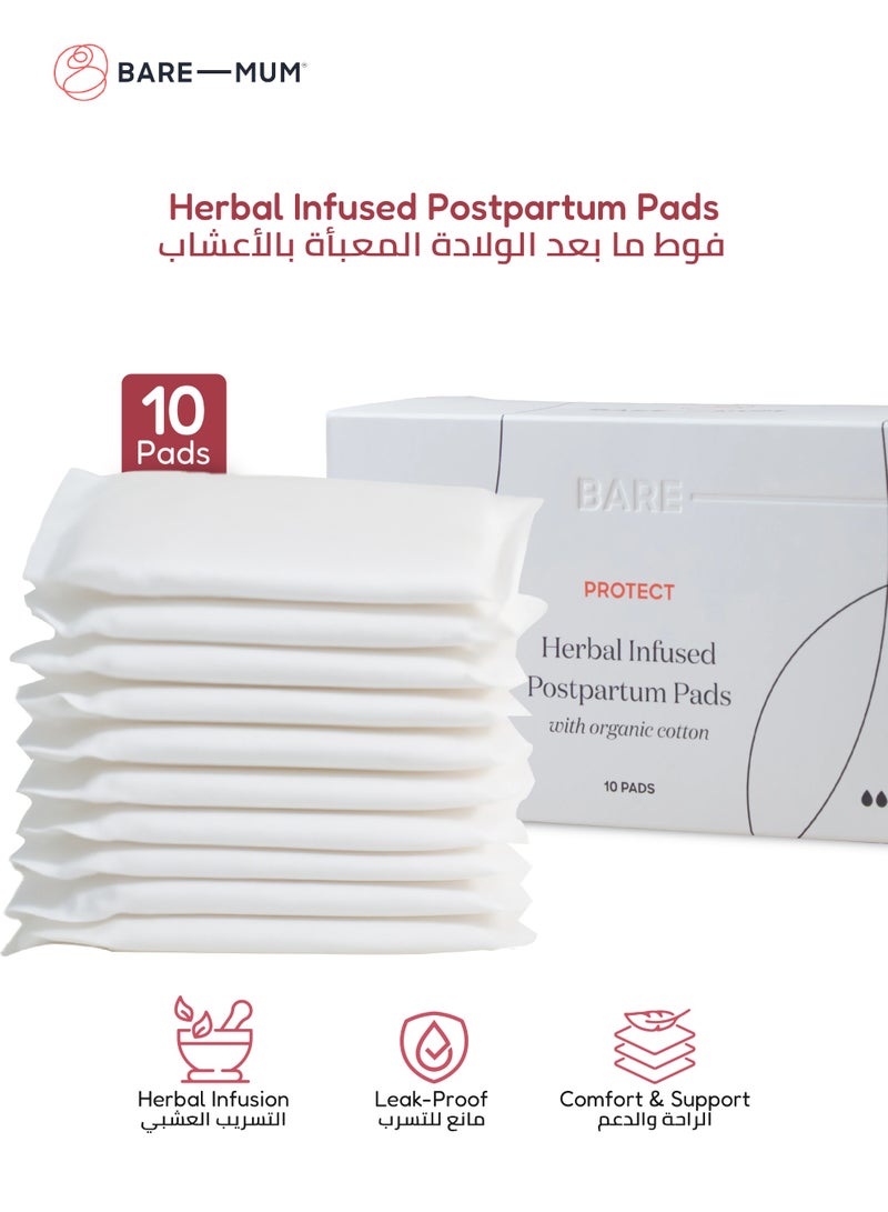 BARE-MUM Herbal Infused Postpartum Pads | Organic Cotton | Leak-Proof & Ultra Absorbent | 4-Layer Core | Natural Herbal Blend | Soft & Comfortable | 10 Pads | 20.3 x 6.4 x 4.5 CM - Image 1