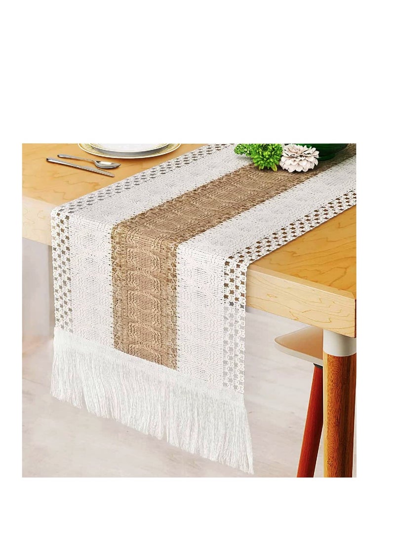 Macrame Table Runner Burlap Table Runners Farmhouse Style Boho Table Runners with Tassels Rustic Splicing Cotton Table Runner for Wedding Home and Dining Table Decor 12  71 Inch - Image 1