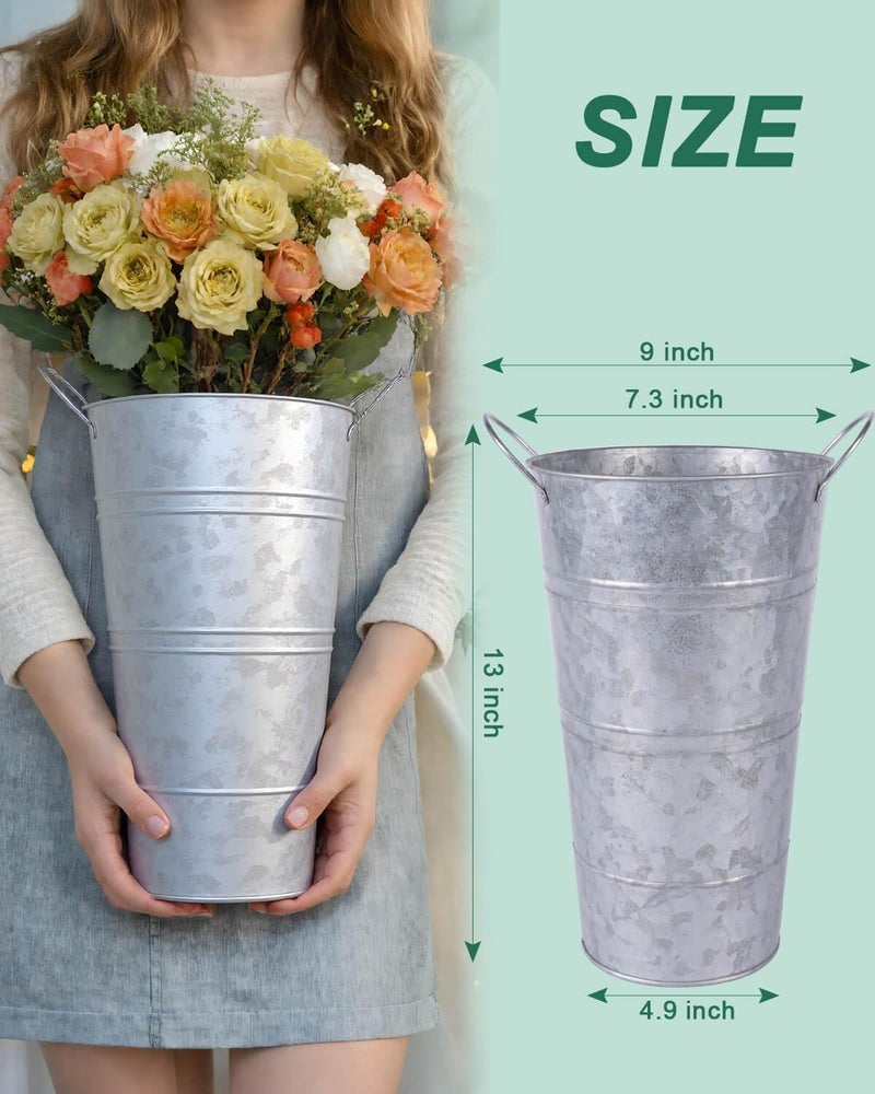 vensovo 12 Inch Galvanized Metal Vases for Flowers - 6 Pcs Farmhouse Decorative Tall Flower Bucket with Handles, Rustic French Tin Planter Buckets for Wedding Decor (Silver) - Image 2