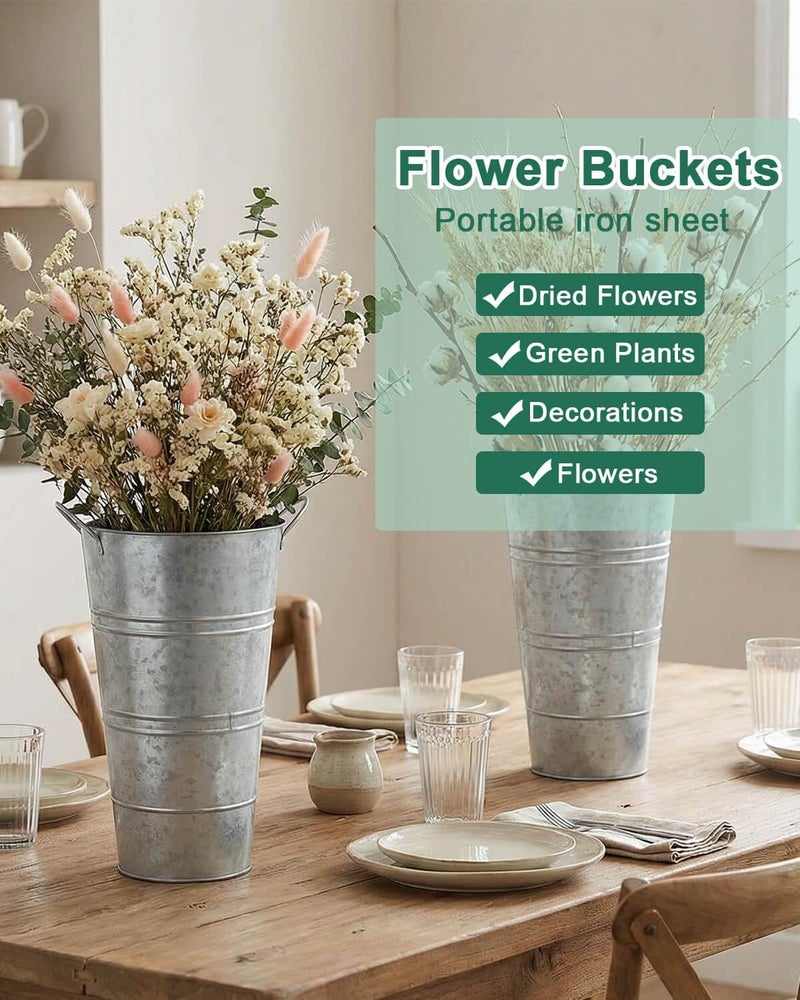 vensovo 12 Inch Galvanized Metal Vases for Flowers - 6 Pcs Farmhouse Decorative Tall Flower Bucket with Handles, Rustic French Tin Planter Buckets for Wedding Decor (Silver) - Image 5