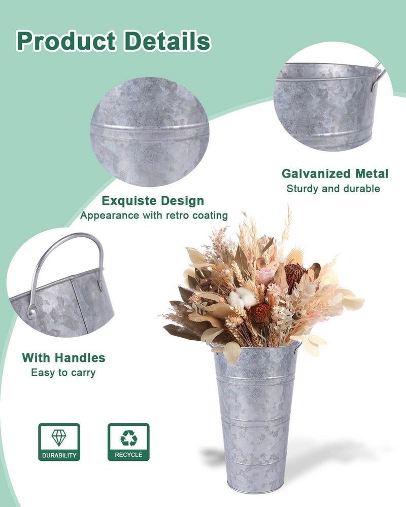 vensovo 12 Inch Galvanized Metal Vases for Flowers - 6 Pcs Farmhouse Decorative Tall Flower Bucket with Handles, Rustic French Tin Planter Buckets for Wedding Decor (Silver) - Image 3