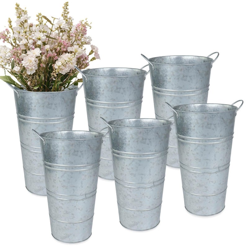 vensovo 12 Inch Galvanized Metal Vases for Flowers - 6 Pcs Farmhouse Decorative Tall Flower Bucket with Handles, Rustic French Tin Planter Buckets for Wedding Decor (Silver) - Image 1