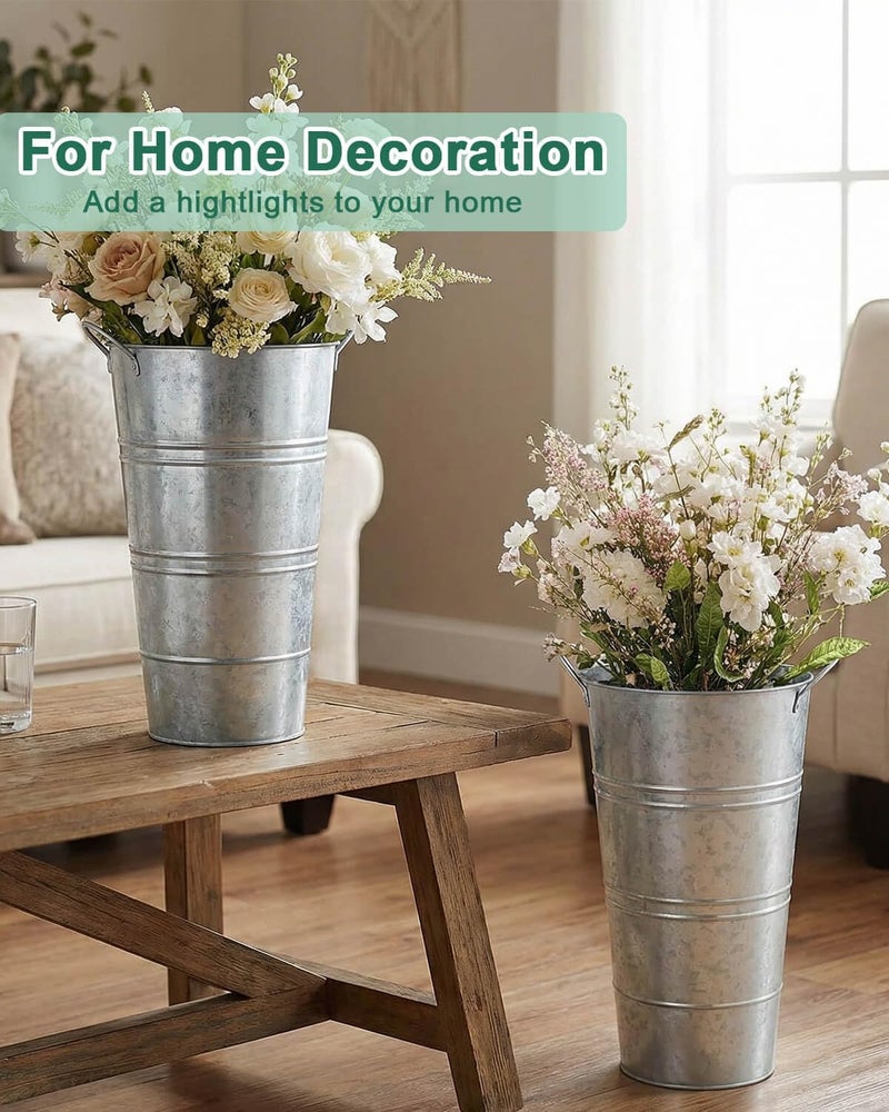 vensovo 12 Inch Galvanized Metal Vases for Flowers - 6 Pcs Farmhouse Decorative Tall Flower Bucket with Handles, Rustic French Tin Planter Buckets for Wedding Decor (Silver) - Image 4