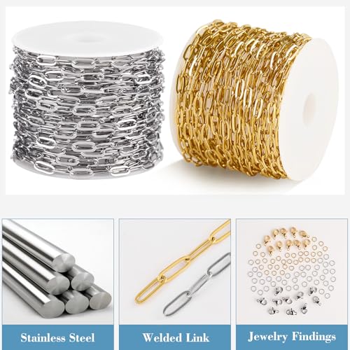 UMAOKANG 2 Rolls Stainless Steel Chains for Jewelry Making 32.8 Feet Paperclip Chain on Spool with Jewelry Findings - Image 2