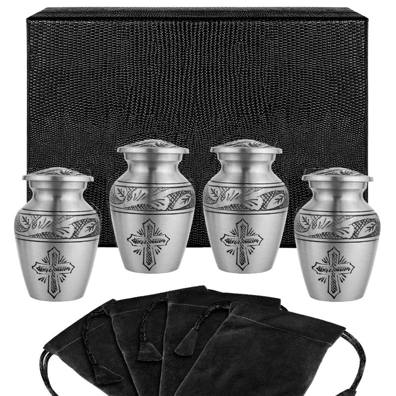 Trupoint Memorials Small Urns for Human Ashes Keepsake, Religious Decorative Mini Cremation Urn for Adult Men & Women, Set of 4, Cross Pewter - Image 1
