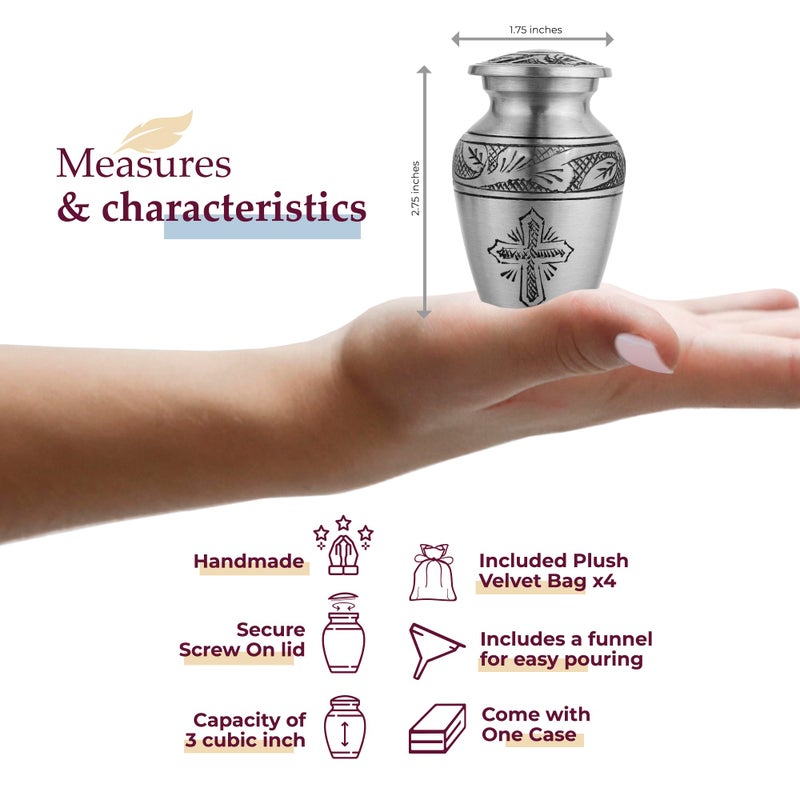 Trupoint Memorials Small Urns for Human Ashes Keepsake, Religious Decorative Mini Cremation Urn for Adult Men & Women, Set of 4, Cross Pewter - Image 2